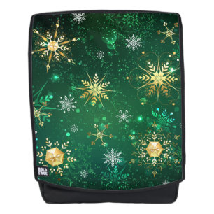 Xmas Golden Snowflakes on Green Background Backpack