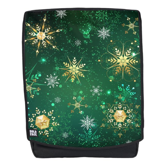 Xmas Golden Snowflakes on Green Background Backpack (Front)
