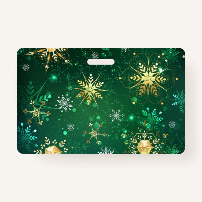 Xmas Golden Snowflakes on Green Background Badge (Front)