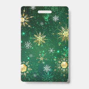 Xmas Golden Snowflakes on Green Background Badge
