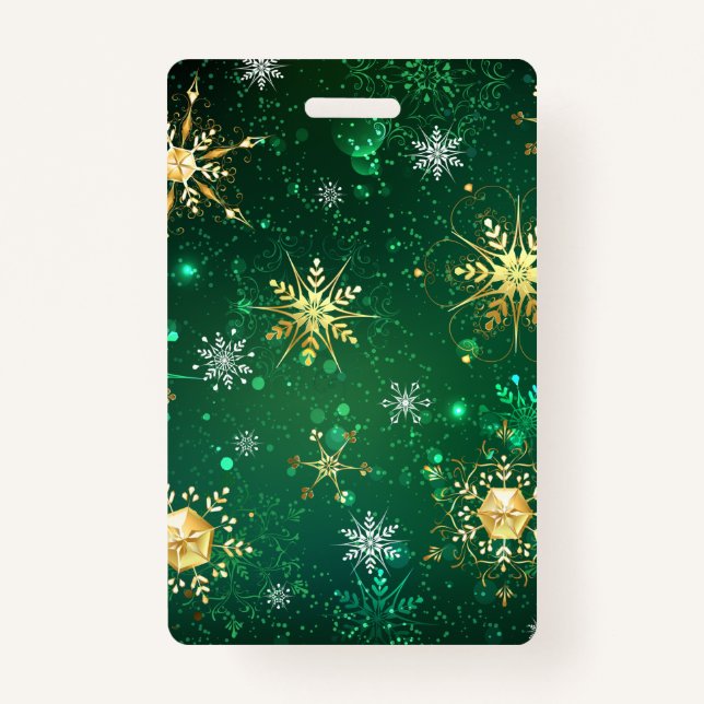 Xmas Golden Snowflakes on Green Background Badge (Front)
