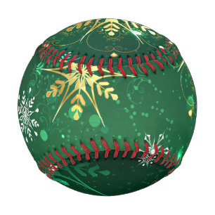 Xmas Golden Snowflakes on Green Background Baseball
