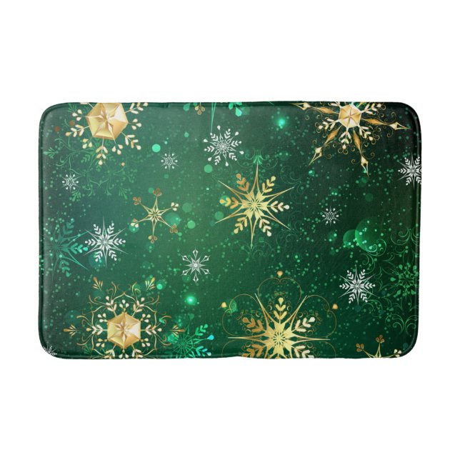 Xmas Golden Snowflakes on Green Background Bath Mat (Front)