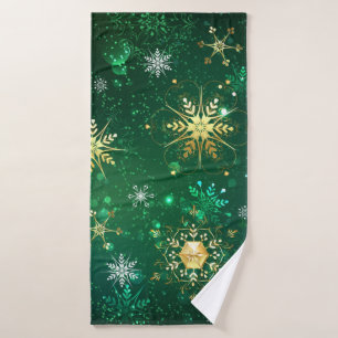 Xmas Golden Snowflakes on Green Background Bath Towel