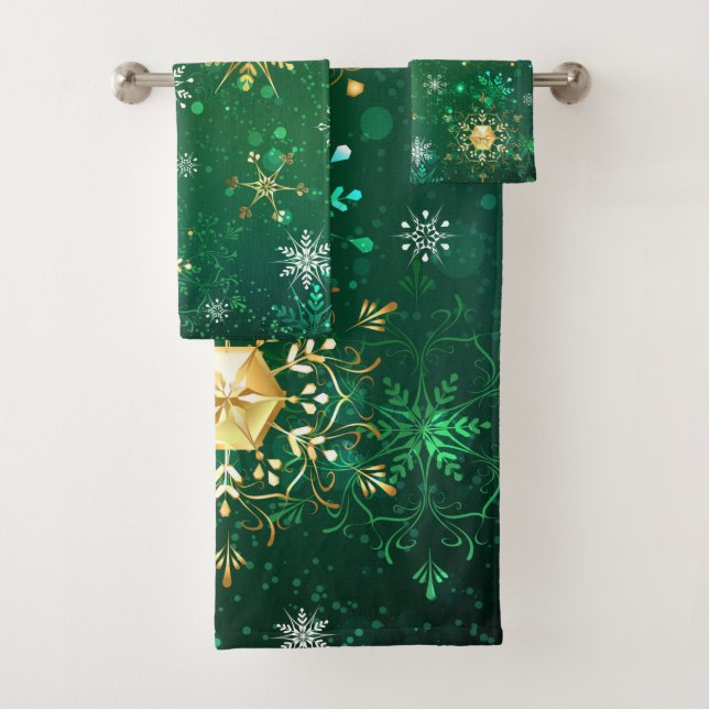 Xmas Golden Snowflakes on Green Background Bath Towel Set (Insitu)