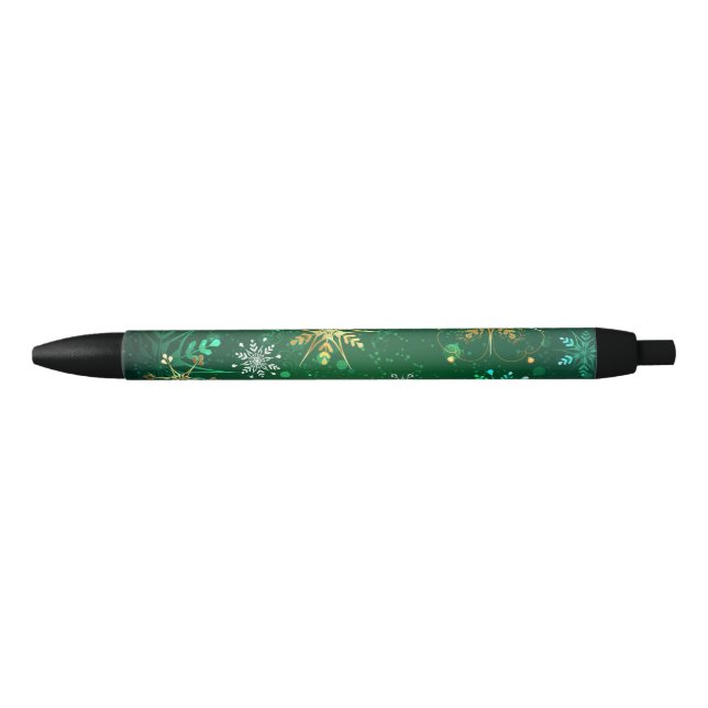 Xmas Golden Snowflakes on Green Background Black Ink Pen (Front)