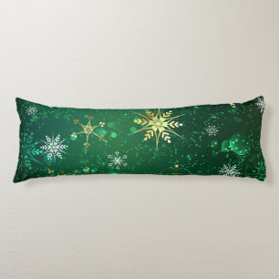 Xmas Golden Snowflakes on Green Background Body Pillow
