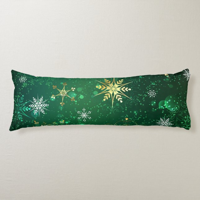 Xmas Golden Snowflakes on Green Background Body Pillow (Front)