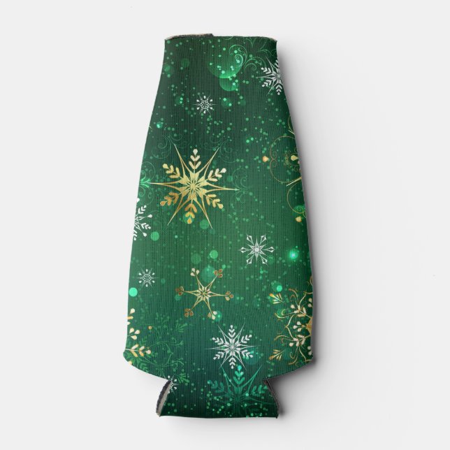 Xmas Golden Snowflakes on Green Background Bottle Cooler (Front)