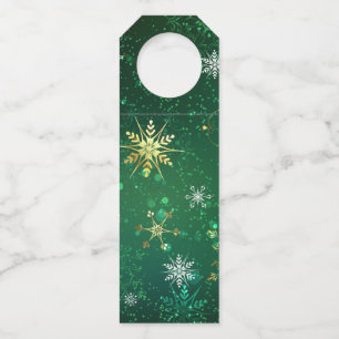 Xmas Golden Snowflakes on Green Background Bottle Tag