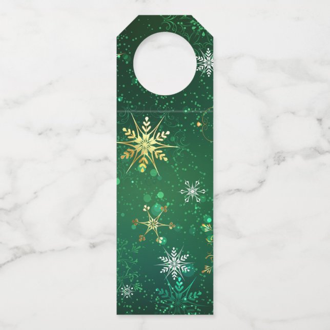 Xmas Golden Snowflakes on Green Background Bottle Tag (Front)
