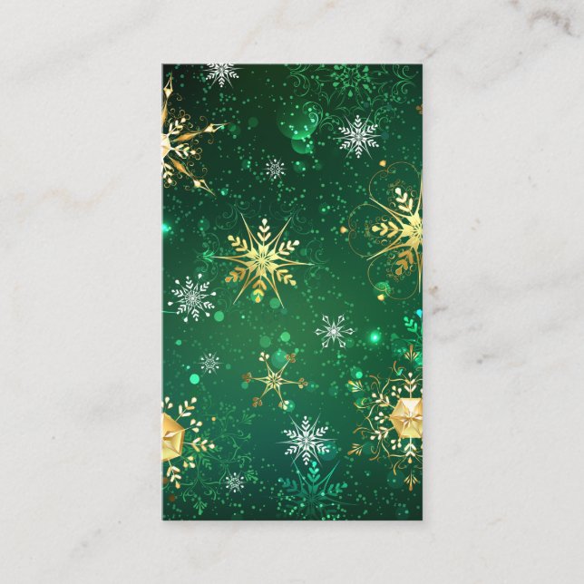 Xmas Golden Snowflakes on Green Background Business Card (Front)