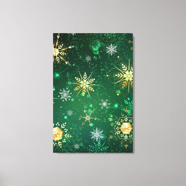 Xmas Golden Snowflakes on Green Background Canvas Print (Front)