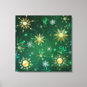 Xmas Golden Snowflakes on Green Background Canvas Print
