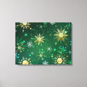 Xmas Golden Snowflakes on Green Background Canvas Print