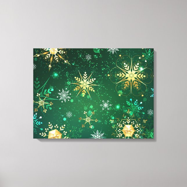 Xmas Golden Snowflakes on Green Background Canvas Print (Front)