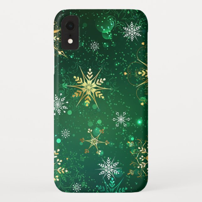 Xmas Golden Snowflakes on Green Background Case-Mate iPhone Case (Back)