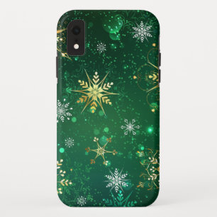 Xmas Golden Snowflakes on Green Background iPhone XR Case