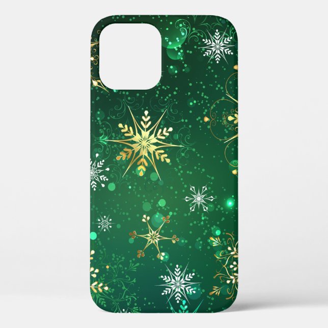 Xmas Golden Snowflakes on Green Background Case-Mate iPhone Case (Back)
