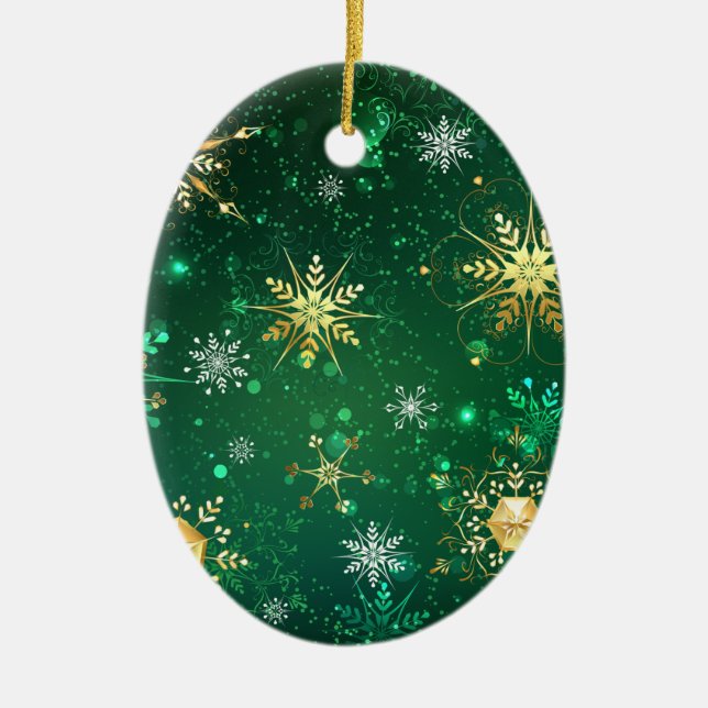 Xmas Golden Snowflakes on Green Background Ceramic Ornament (Front)