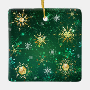 Xmas Golden Snowflakes on Green Background Ceramic Ornament
