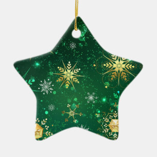 Xmas Golden Snowflakes on Green Background Ceramic Ornament