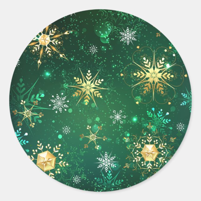Xmas Golden Snowflakes on Green Background Classic Round Sticker (Front)