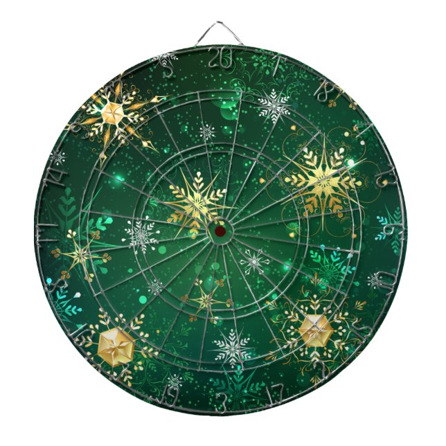 Xmas Golden Snowflakes on Green Background Dartboard (Front)