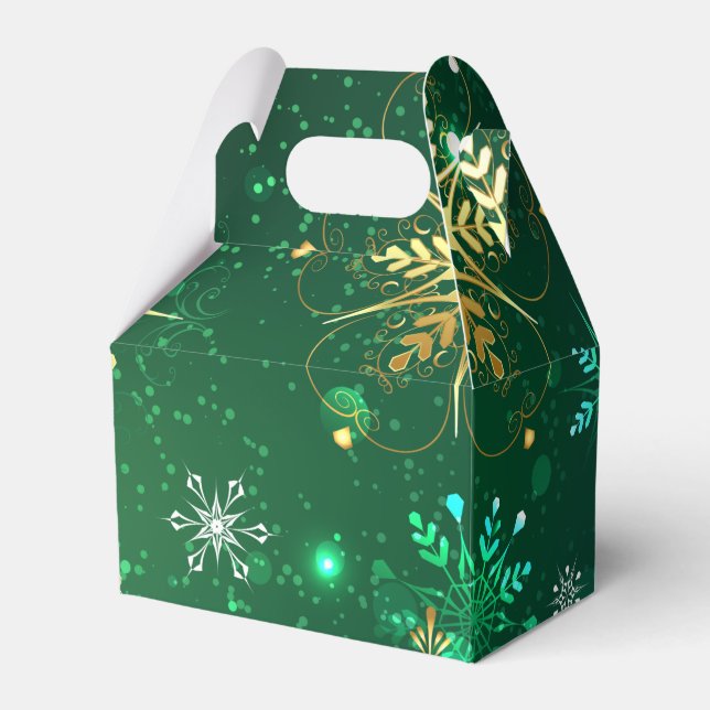 Xmas Golden Snowflakes on Green Background Favor Box (Front Side)