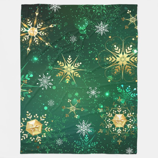 Xmas Golden Snowflakes on Green Background Fleece Blanket (Front)