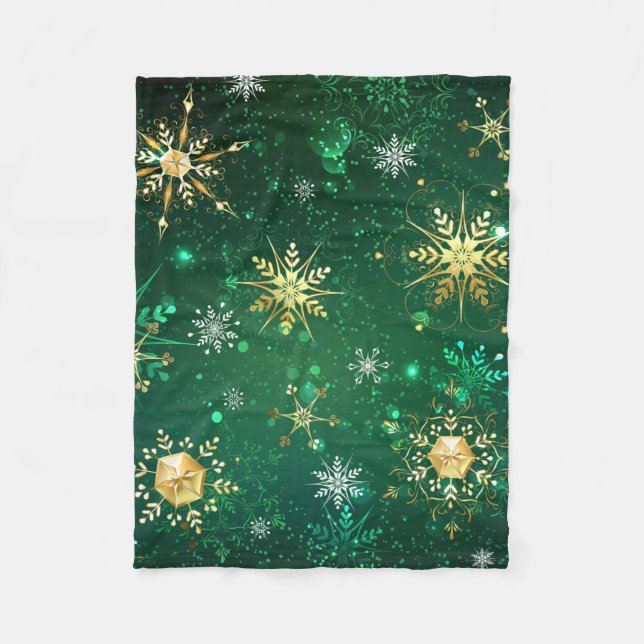 Xmas Golden Snowflakes on Green Background Fleece Blanket (Front)