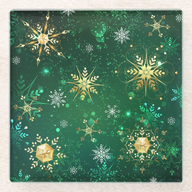 Xmas Golden Snowflakes on Green Background Glass Coaster (Front)