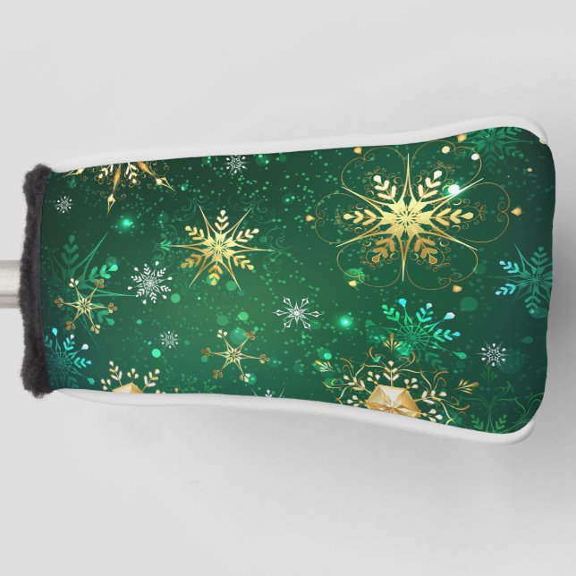 Xmas Golden Snowflakes on Green Background Golf Head Cover (Front)