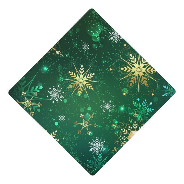 Xmas Golden Snowflakes on Green Background Graduation Cap Topper (Front)