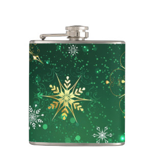 Xmas Golden Snowflakes on Green Background Hip Flask