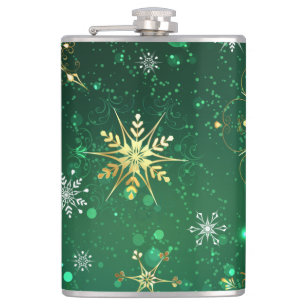 Xmas Golden Snowflakes on Green Background Hip Flask