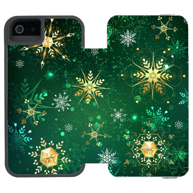 Xmas Golden Snowflakes on Green Background Incipio iPhone Wallet Case (Folio Open)
