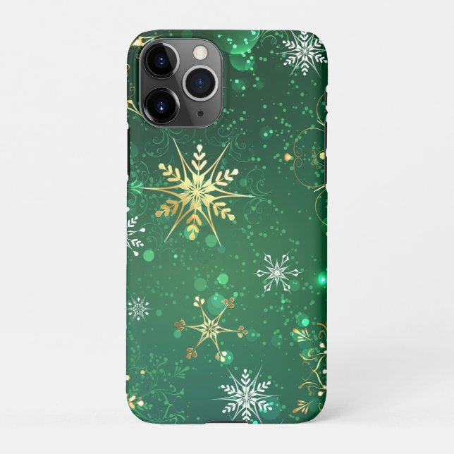 Xmas Golden Snowflakes on Green Background iPhone Case (Back)
