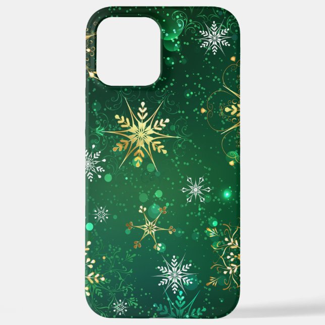 Xmas Golden Snowflakes on Green Background iPhone Case (Back)