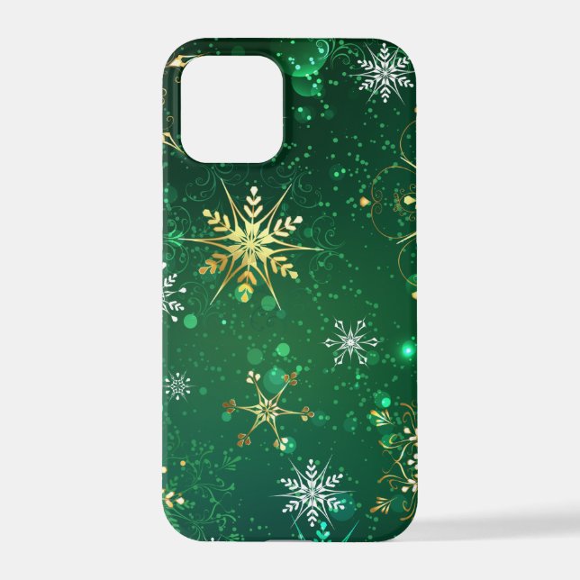 Xmas Golden Snowflakes on Green Background iPhone Case (Back)