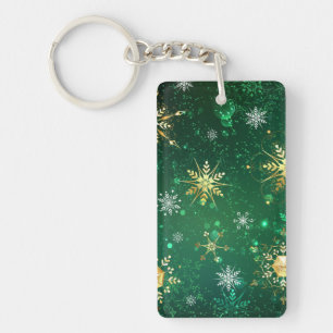 Xmas Golden Snowflakes on Green Background Keychain