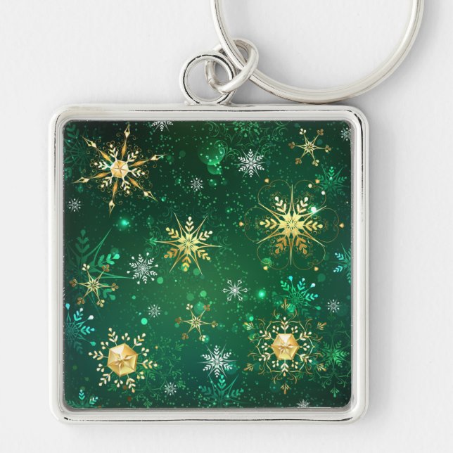 Xmas Golden Snowflakes on Green Background Keychain (Front)