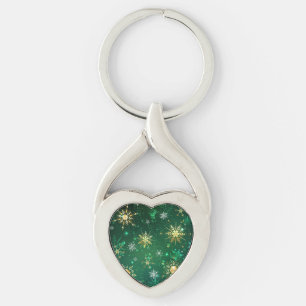 Xmas Golden Snowflakes on Green Background Keychain