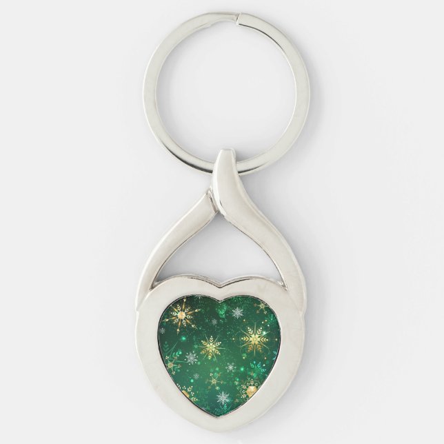 Xmas Golden Snowflakes on Green Background Keychain (Front)