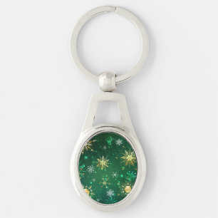 Xmas Golden Snowflakes on Green Background Keychain