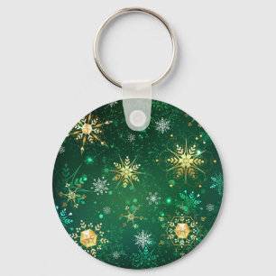 Xmas Golden Snowflakes on Green Background Keychain