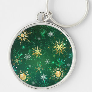 Xmas Golden Snowflakes on Green Background Keychain