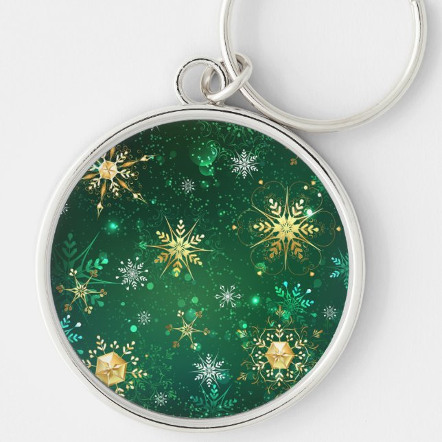 Xmas Golden Snowflakes on Green Background Keychain (Front)