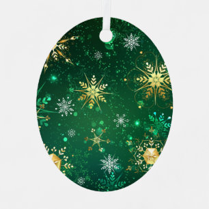 Xmas Golden Snowflakes on Green Background Label Metal Ornament