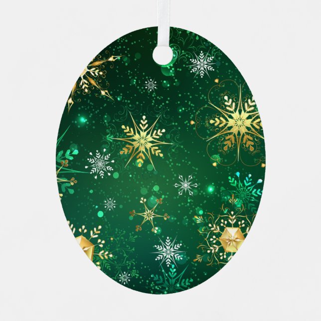 Xmas Golden Snowflakes on Green Background Label Metal Ornament (Front)